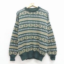 L★古着 長袖 セーター メンズ 90年代 90s フェアアイル コットン クルーネック USA製 緑 25dec19