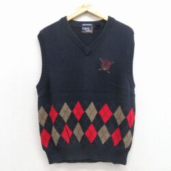 M★古着 ニット ベスト メンズ アーガイル コットン Vネック 紺 25dec19