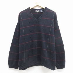 XL★古着 長袖 ケーブル セーター メンズ 00年代 00s コットン Vネック 紺 25dec29