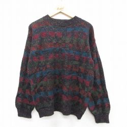 M★古着 長袖 セーター メンズ 90年代 90s 総柄 クルーネック USA製 濃グレー他 25dec22