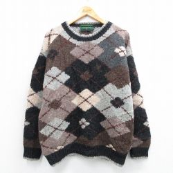 L★古着 長袖 セーター メンズ 00年代 00s アーガイル 手編み ハンドニット ウール クルーネック グレー他【spe】 25dec22