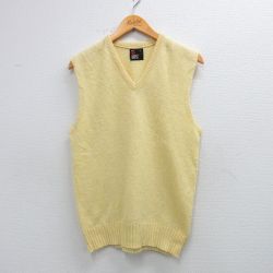 S★古着 ニット ベスト メンズ 80年代 80s 無地 ウール Vネック USA製 黄色 25dec22