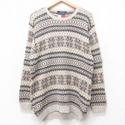 M★古着 トミーヒルフィガー 長袖 ブランド セーター メンズ 90年代 90s フェアアイル コットン クルーネック ベージュ他 25dec23