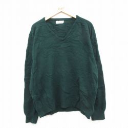 XL★古着 長袖 セーター メンズ 80年代 80s 無地 ウール Vネック スコットランド製 緑 25dec24