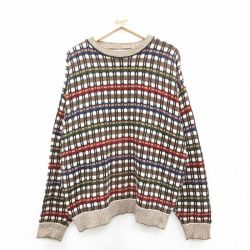 XL★古着 長袖 セーター メンズ 90年代 90s 総柄 コットン クルーネック USA製 茶他 25dec24
