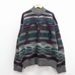 XL★古着 EMS 長袖 ハーフジップ セーター メンズ 90年代 90s ネイティブ柄 ラグ柄 ウール USA製 紫【spe】 25dec24