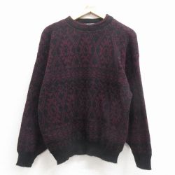M★古着 長袖 セーター メンズ 90年代 90s 総柄 アクリル クルーネック USA製 エンジ 25dec24