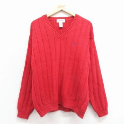 XL★古着 エディーバウアー 長袖 セーター メンズ 00年代 00s ワンポイントロゴ コットン Vネック 赤 25dec24