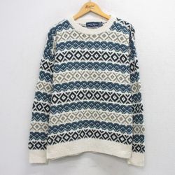 XL★古着 長袖 セーター メンズ 90年代 90s 総柄 手織り コットン クルーネック USA製 白他 25dec25