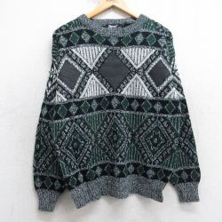 M★古着 長袖 セーター メンズ 90年代 90s 総柄 レザー使用 アクリル クルーネック 黒他 25dec26