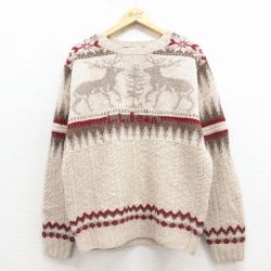 L★古着 エルエルビーン 長袖 セーター メンズ 00年代 00s シカ ラムウール クルーネック ベージュ他 25dec26