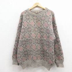 XL★古着 長袖 ノルディック セーター メンズ 80年代 80s 雪柄 ウール クルーネック アイスランド製 グレー 霜降り 25dec27