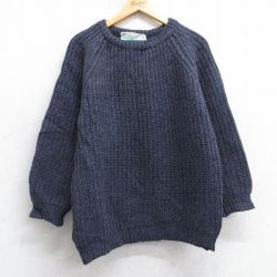 L★古着 長袖 セーター メンズ 90年代 90s 無地 ラグラン ウール クルーネック 紺系他 25dec27