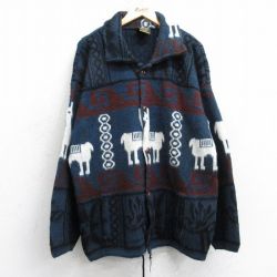 XL★古着 TEJIDOS RUMINAHUI 長袖 ニット カーディガン メンズ 90年代 90s アルパカ 襟付き ウール エクアドル製 紺他 25dec27