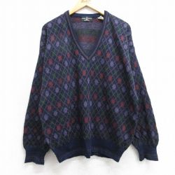 L★古着 長袖 セーター メンズ 80年代 80s アーガイル Vネック イタリア製 紺他 25dec27
