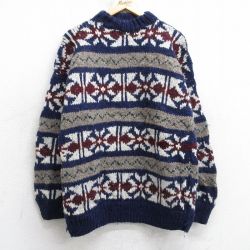 L★古着 長袖 セーター メンズ 00年代 00s 雪柄 手織り ハンドメイド ウール モックネック ハイネック エクアドル製 紺他 25dec27