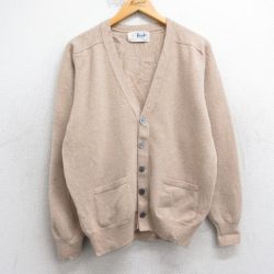 M★古着 長袖 ニット カーディガン メンズ 80年代 80s 無地 ラグラン ラムウール スコットランド製 ベージュ 25dec27