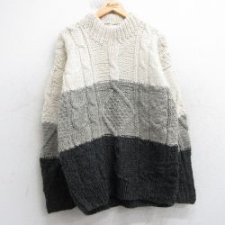 M★古着 長袖 ケーブル セーター メンズ マルチカラー ウール クルーネック 白他 25dec27