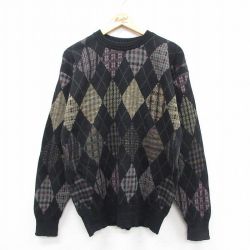 M★古着 長袖 セーター メンズ 90年代 90s 総柄 クルーネック USA製 黒他【spe】 25dec27