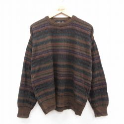 L★古着 長袖 セーター メンズ 90年代 90s ウール クルーネック イタリア製 茶他 ボーダー 25dec29