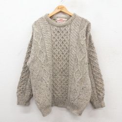 L★古着 長袖 アラン フィッシャーマン ケーブル セーター メンズ 90年代 90s ウール クルーネック アイルランド製 ベージュ他 25dec29