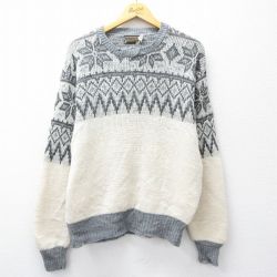 L★古着 長袖 ノルディック セーター メンズ 80年代 80s 雪柄 ウール クルーネック グレー他 26jan05