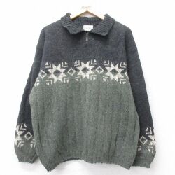 XL★古着 長袖 ハーフジップ セーター メンズ 90年代 90s 襟付き ウール USA製 濃緑他 26jan06