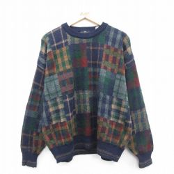 XL★古着 長袖 セーター メンズ 90年代 90s クルーネック イタリア製 紺他 チェック 26jan10