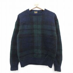 M★古着 ブルックスブラザーズ 長袖 ブランド セーター メンズ 80年代 80s ウール クルーネック 緑他 タータン チェック ブラックウォッチ 26jan10