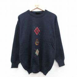 L★古着 長袖 セーター メンズ 90年代 90s ゴルフ 刺繍 ウール アイルランド製 濃紺 26jan10