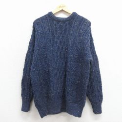 XL★古着 長袖 アラン フィッシャーマン ケーブル セーター メンズ ウール クルーネック 濃紺【spe】 26jan08