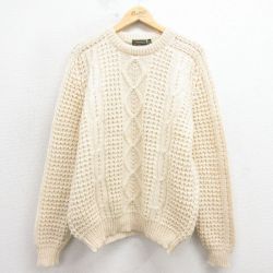 L★古着 長袖 アラン フィッシャーマン ケーブル セーター メンズ ウール クルーネック アイルランド製 生成り 26jan08