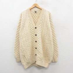 XL★古着 エルエルビーン 長袖 アラン フィッシャーマン ケーブル ニット カーディガン メンズ 00年代 00s 大きいサイズ ロング丈 ウール アイルランド製 生成り【spe】 26jan09