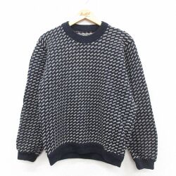 M★古着 エルエルビーン 長袖 セーター メンズ 80年代 80s バーズアイ ウール クルーネック ノルウェー製 濃紺他【spe】 26jan09