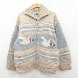 XL★古着 長袖 フルジップ カウチン ニット カーディガン メンズ 鳥 襟付き ウール カナダ製 グレー他 26jan09