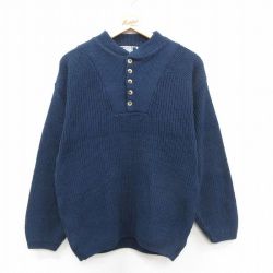 M★古着 長袖 セーター メンズ 90年代 90s クルーネック ヘンリーネック USA製 紺 26jan13