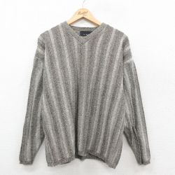 L★古着 長袖 セーター メンズ 90年代 90s 手織り Vネック USA製 ベージュ他 ストライプ 26jan13