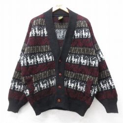 XL★古着 長袖 ニット カーディガン メンズ ラマ ウール エクアドル製 黒他【spe】 26jan15