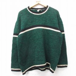 L★古着 長袖 セーター メンズ 80年代 80s ウール クルーネック オーストリア製 緑他 26jan15