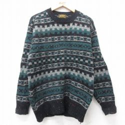 S★古着 エディーバウアー 長袖 セーター メンズ 90年代 90s フェアアイル ウール クルーネック 黒他 26jan15