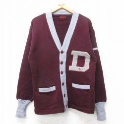M★古着 JAMES E BRINE 長袖 ビンテージ レタード ニット カーディガン メンズ 50年代 50s D ウィングフット ツートンカラー ウール エンジ他【spe】 26jan15