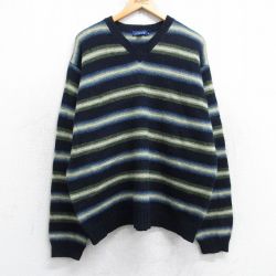 XL★古着 ジェイクルー 長袖 セーター メンズ ウール Vネック 紺他 ボーダー 26jan16