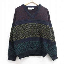 M★古着 シアーズ 長袖 セーター メンズ 90年代 90s アクリル Vネック 紫他 26jan16