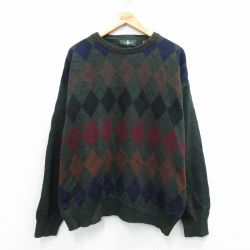 XL★古着 長袖 セーター メンズ 90年代 90s アーガイル クルーネック イタリア製 濃緑他 26jan17