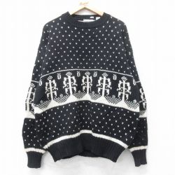 XL★古着 ピエールカルダン 長袖 セーター メンズ 90年代 90s バーズアイ ウール クルーネック 黒他 26jan20