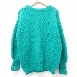 L★古着 長袖 セーター メンズ 90年代 90s 手編み ハンドニット ウール クルーネック アイルランド製 青緑 26jan20