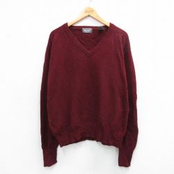 XL★古着 長袖 セーター メンズ 90年代 90s ラムウール Vネック イギリス製 エンジ 26jan21