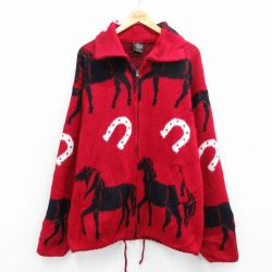 L★古着 長袖 フルジップ ニット カーディガン メンズ 馬 襟付き 赤他 26jan21