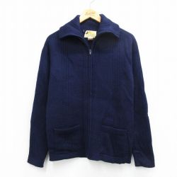 S★古着 長袖 フルジップ ニット カーディガン メンズ 70年代 70s ウール 紺 26jan21