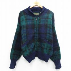 L★古着 長袖 フルジップ ニット カーディガン メンズ ウール 紺他 26jan21